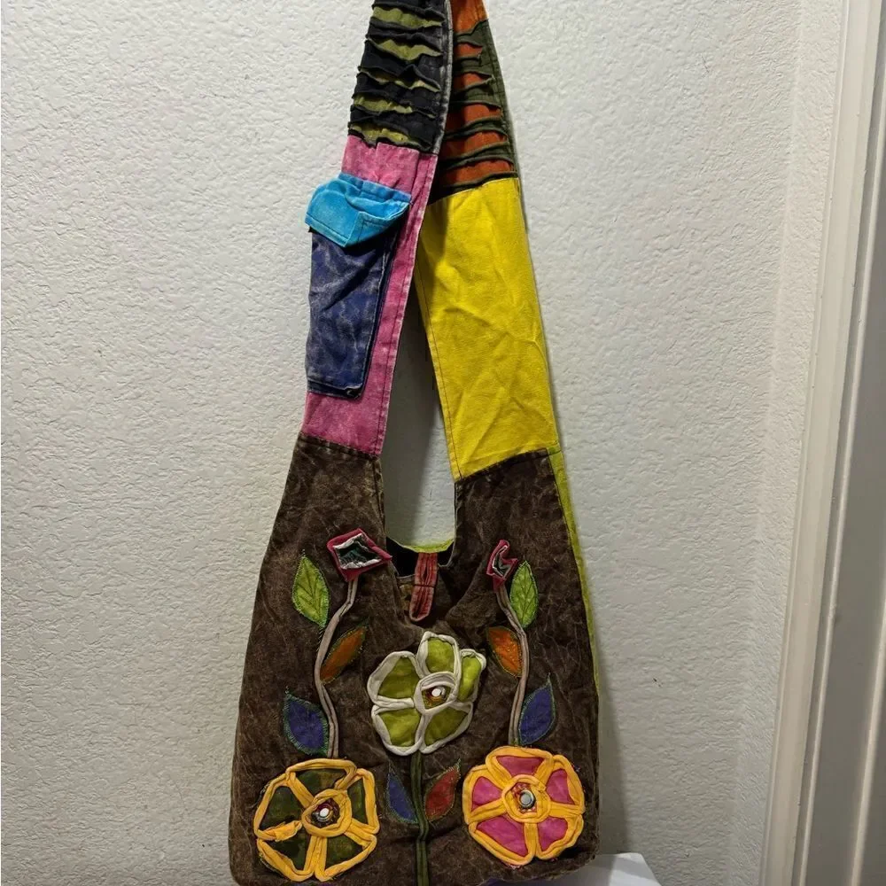 Patchwork Hippie Boho Pocket Zip Crossbody bag purse 100% cotton Made in Nepal